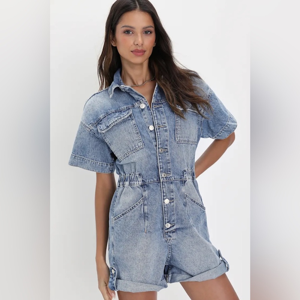 New free people Marci Cuffed Shortall Button-Front Light Wash Denim Romper